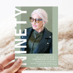 Invitation NINETY moderne Photo 90th Birthday Party Invitatio<br><div class="desc">Réalisez les 90 ans de votre bien-aimé avec une touche moderne, élégante et personnelle ! Notre design d'invitation personnalisable comprend un arrière - plan vert sage apaisant, une belle photo de portrait, et un texte en gras 'NINETY'. Modifiez facilement les couleurs de l'arrière - plan et personnalisez votre texte pour...</div>