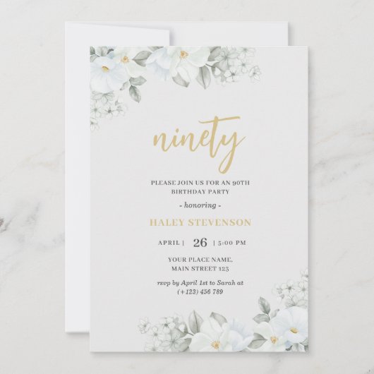 Invitation Ninety White & Gold White Floral Élégant anniversa (Devant)