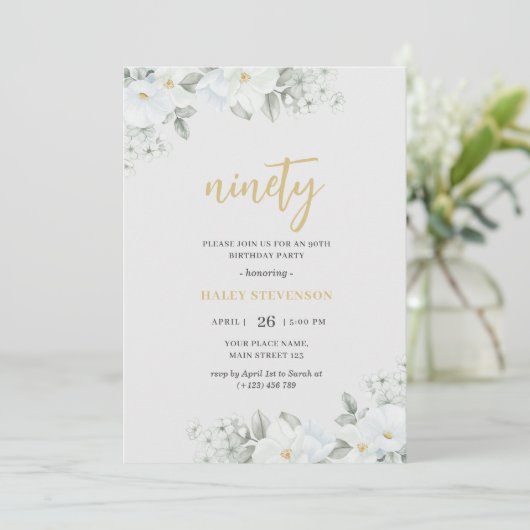 Invitation Ninety White & Gold White Floral Élégant anniversa (Debout devant)