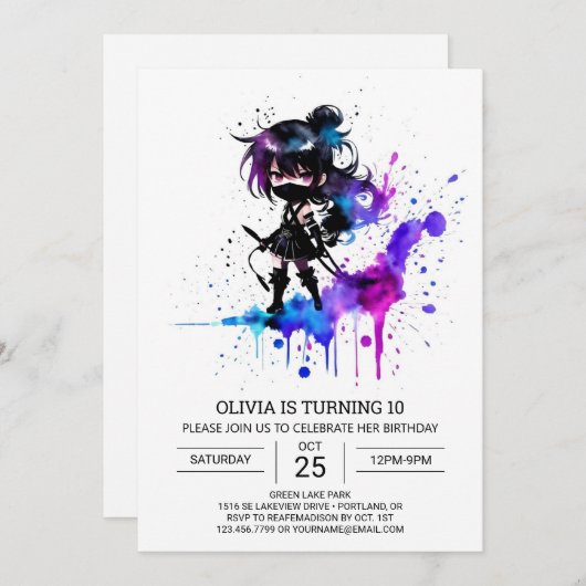 Invitation Ninja fille Elégante numérique Anniversaire (Devant / Derrière)