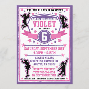 Invitation Ninja Filles guerrières rose et violet fête d'anni