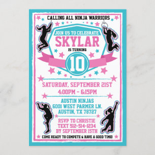 Invitation Ninja Filles guerrières rose Turquoise fête d'anni