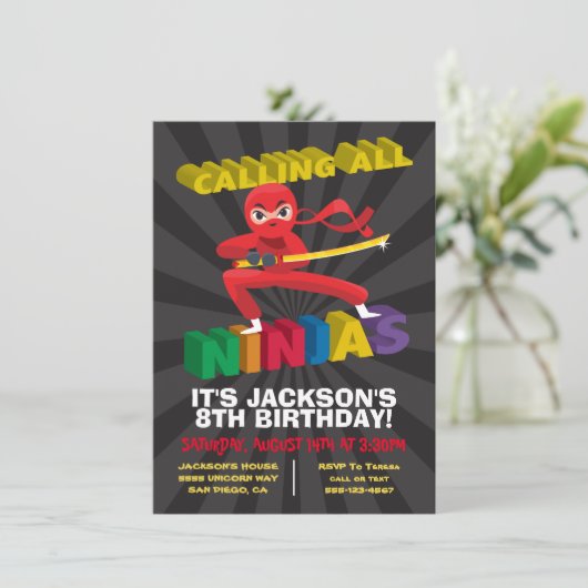 Invitation Ninja Guerrier fête d'anniversaire (Debout devant)