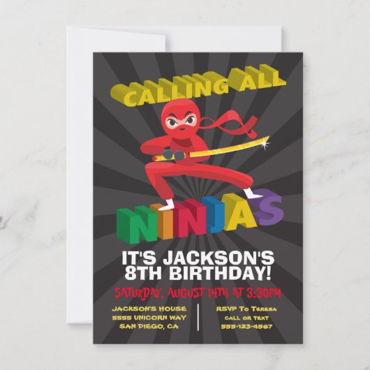 Invitation Ninja Guerrier fête d'anniversaire (Devant)
