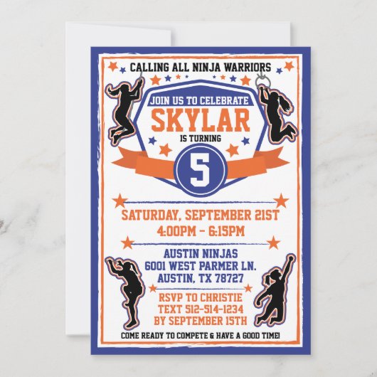 Invitation Ninja Guerrier Filles Bleu & Orange fête d'anniver (Devant)