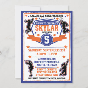 Invitation Ninja Guerrier Filles Bleu & Orange fête d'anniver