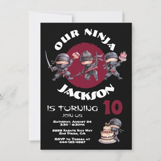 Invitation Ninja Karate Cake Guerrier fête d'anniversaire (Devant)