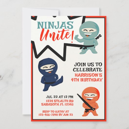 Invitation Ninja Karate coloré Anniversaire (Devant)