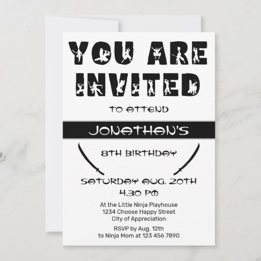 Invitation Ninja moderne Kid Warrior Silhouette fête d'annive (Devant)