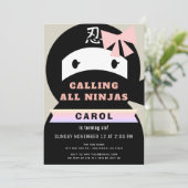 Invitation Ninja rose et noire fille anniversaire (Debout devant)