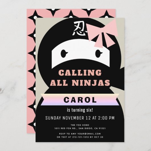 Invitation Ninja rose et noire fille anniversaire (Devant / Derrière)
