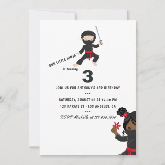 Invitation Ninja thème fête d'anniversaire (Devant)