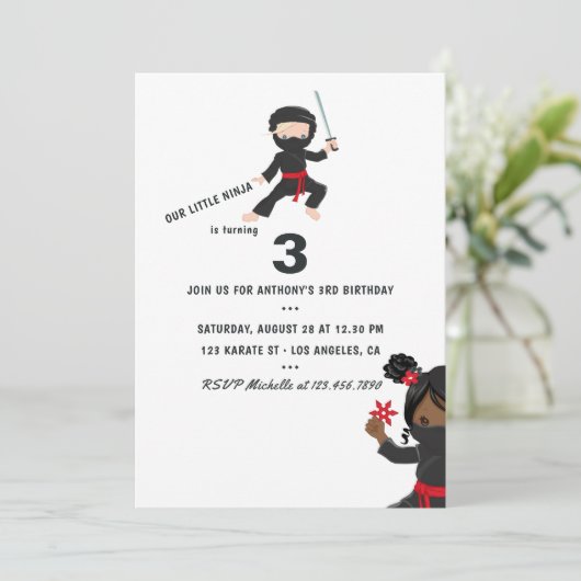 Invitation Ninja thème fête d'anniversaire (Debout devant)