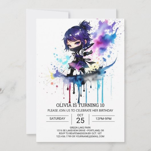 Invitation Ninja Watercolor Girl Anniversaire (Devant)