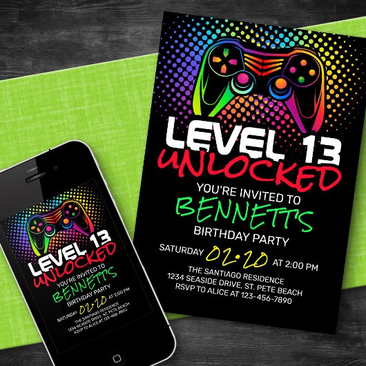 Invitation Niveau Déverrouillé Jeu vidéo Anniversaire