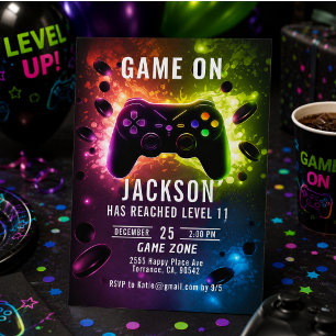 Invitation Niveau supérieur ! Jeu vidéo Neon fête d'anniversa