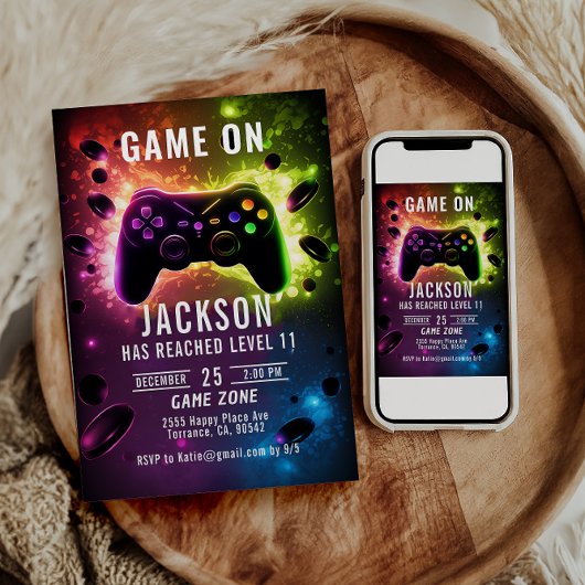 Invitation Niveau supérieur ! Jeu vidéo Neon fête d'anniversa