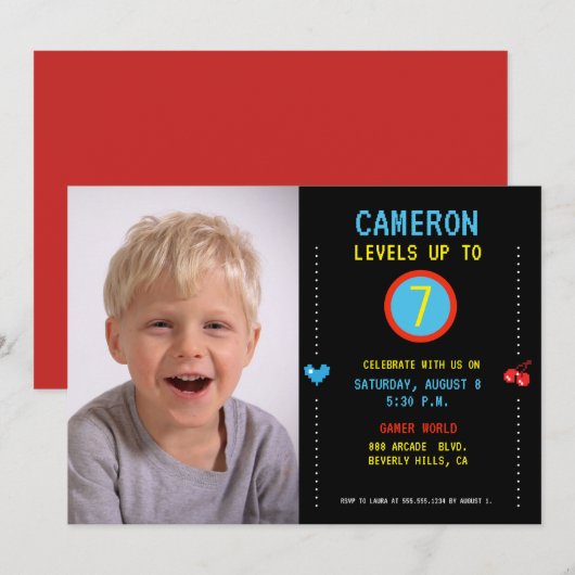 Invitation Niveau up Custom 7th Birthday Party Boy Photo (Devant / Derrière)