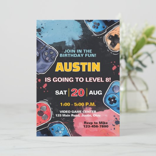 Invitation Niveau Up Gamer N'importe quel âge Garçons ou fill (Debout devant)