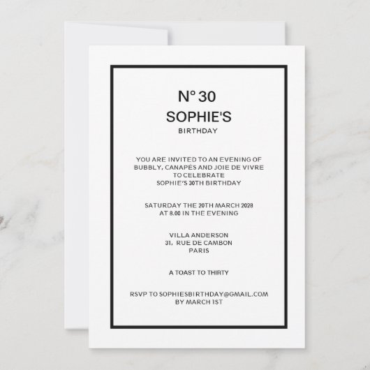 Invitation No 30 French Chic 30th Birthday Party (Dos)