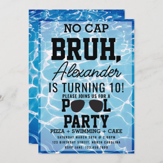 Invitation No Cap Bruh Boy Teenager Birthday Pizza Pool Party (Devant / Derrière)