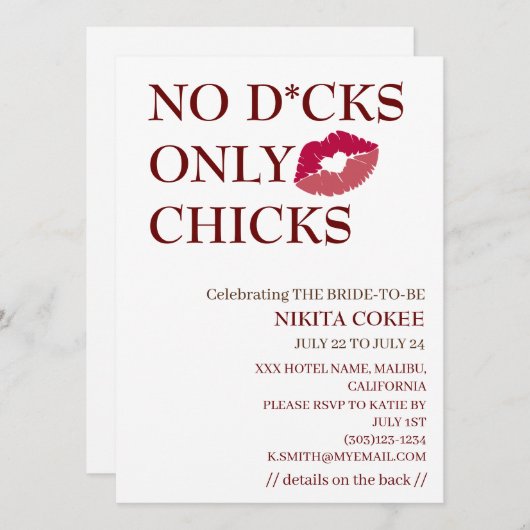 Invitation No D*cks Seulement Les Poussins Bachelorette Week- (Devant / Derrière)