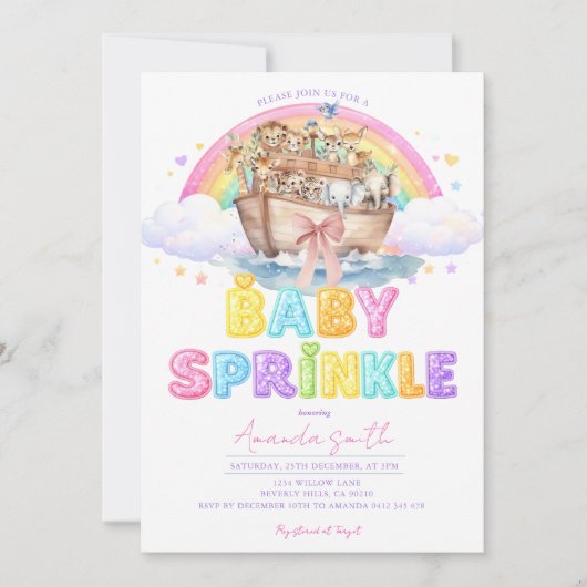 Invitation Noah’s Ark Baby Sprinkle Glitter Rainbow  (Devant)