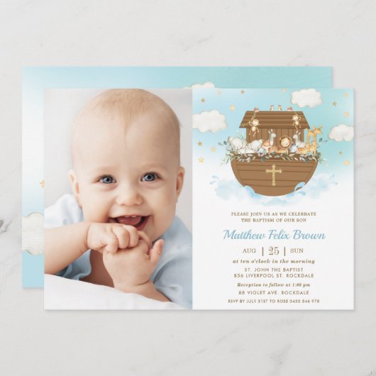 Invitation Noah's Ark Animals Boy Baptism Christening Photo (Devant / Derrière)