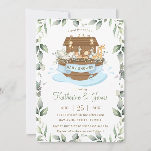 Invitation Noah's Ark Animaux Verdure Blue Boy Baby shower (Devant)