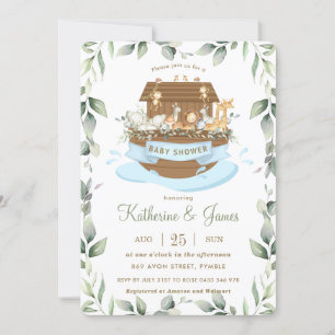 Invitation Noah's Ark Animaux Verdure Blue Boy Baby shower