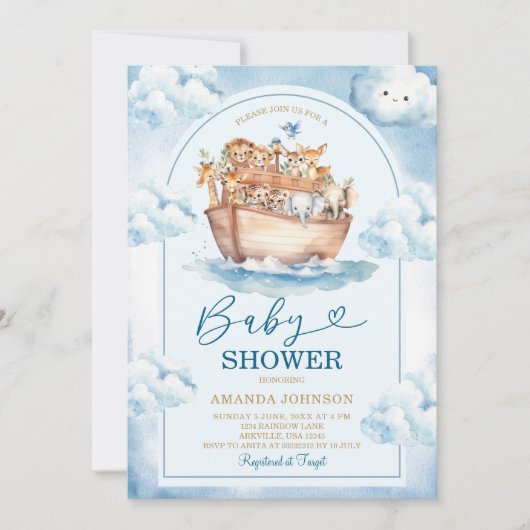 Invitation  Noah's Ark Blue Watercolor Baby Shower (Devant)