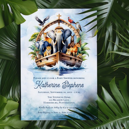 Invitation Noah's Ark Cute Animals Blue Boy Baby shower