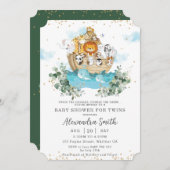 Invitation Noah's Ark Greenery Cute Animals Twins Baby shower (Devant / Derrière)
