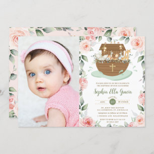 Invitation Noah's Ark rose Floral Girl Baptism Christening