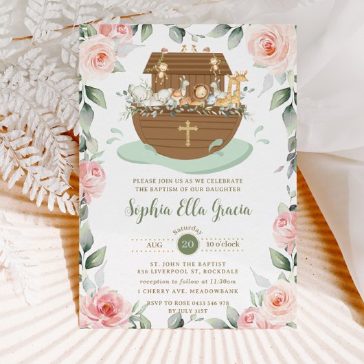 Invitation Noah's Ark rose Floral Girl Baptism Christening