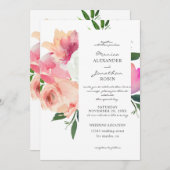 Invitation Noce Botanique Fleurie Rose & Gris V2 (Devant / Derrière)