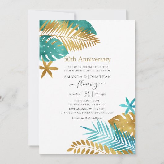 Invitation Noce de mariage tropicale sarcelle et or 50 ans (Devant)