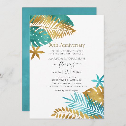Invitation Noce de mariage tropicale sarcelle et or 50 ans (Devant / Derrière)