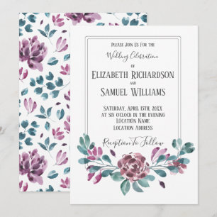 Invitation Noces à l'aquarelle de pivoines violettes pourpres