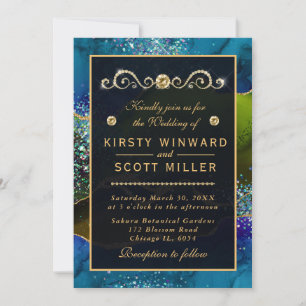 Invitation Noces Agate Paon Bleu & Vert et paillettes d'or