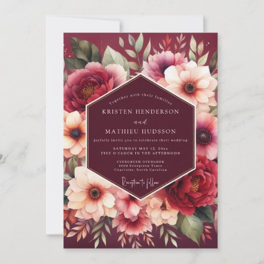 Invitation Noces Alchimie Fleur Burgonde (Devant)