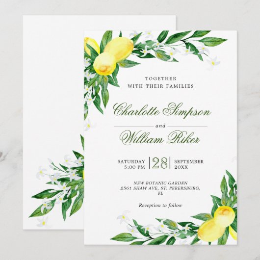 Invitation Noces aquarelle de verdure de floraison de citrons (Devant / Derrière)