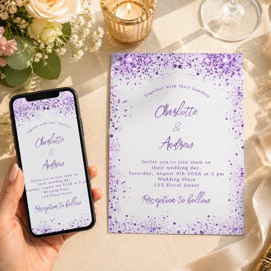 Invitation Noces argent violet pourpre scintillations