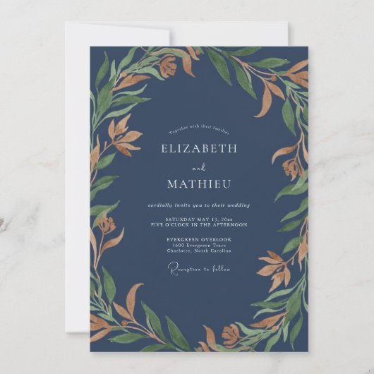 Invitation Noces au feuillage d'eucalyptus ocre ardoise (Devant)