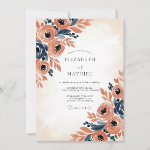 Invitation Noces Automnales Pittoresques au Corail et au Bleu