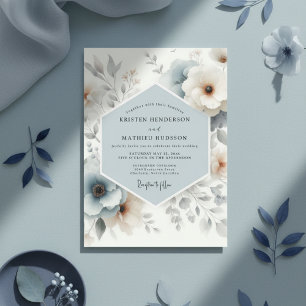 Invitation Noces aux murmures floraux bleu poussiéreux