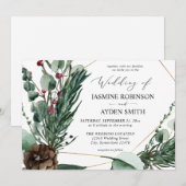 Invitation Noces Baies d'Hiver & Verdure de Pin 2 (Devant / Derrière)