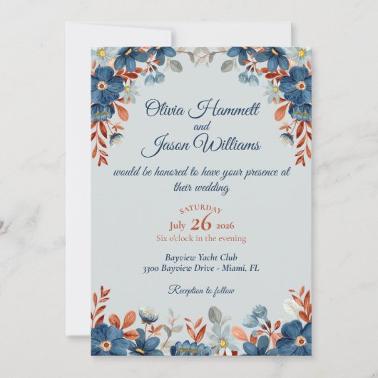 Invitation Noces Bleu Barbeau et Cuivre (Devant)
