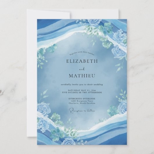 Invitation Noces Bleuet Vague Côtière Eucalyptus Doux (Devant)