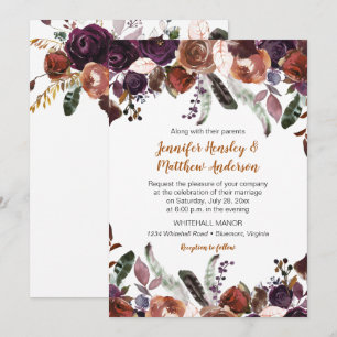 Invitation Noces Bohème Fleurs Roses Pourpre foncé Beurre Rhu